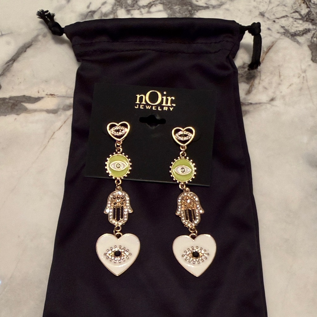 Noir Jewelry Gold Hamza Evil Eye White Heart Drop Earrings New